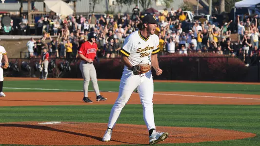 Southern Miss. pitcher Justin Storm (35) reacts to a strike out to end the game in a game between the Southern Miss Golden Eagles and Dallas Baptist University. March 4, 2023 (Joe Harper/bgnphoto.com)