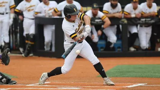 Southern Miss. outfielder Tate Parker (4) gets a base hit in a game between the Southern Miss Golden Eagles and James Madison Dukes. April 15, 2023 (Joe Harper/bgnphoto.com)