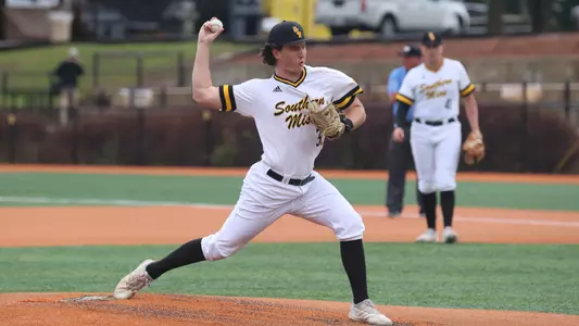Southern Miss. pitcher Will Armistead (31) throws a pitch in a game between the Southern Miss Golden Eagles and James Madison Dukes. April 15, 2023 (Joe Harper/bgnphoto.com)