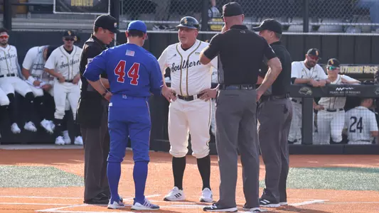 Southern Miss. head coach Scott Berry (40) talks with La Tech head coach Lane Burrows who is wearing #44 to honor the late Corky Palmer in a game between the Southern Miss Golden Eagles and La Tech Bulldogs. April 14, 2023 (Joe Harper/bgnphoto.com)