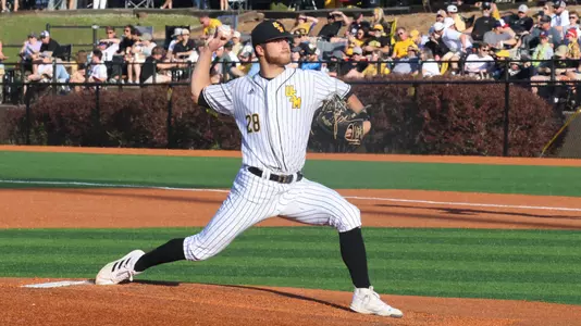 Southern Miss. pitcher Tanner Hall (28) throws a pitch in a game between the Southern Miss Golden Eagles and Arkansas State. April 28, 2023 (Joe Harper/bgnphoto.com)