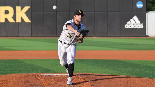 Southern Miss. pitcher Tanner Hall (28) throws a pitch on his way to 15 strike outs in a game between the Southern Miss Golden Eagles and Arkansas State. April 28, 2023 (Joe Harper/bgnphoto.com)