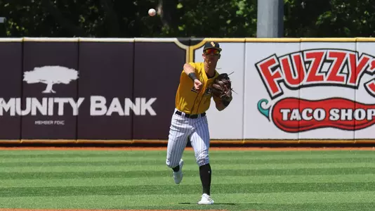 Southern Miss. infielder Dustin Dickerson (10) throws a strike to first base to record the out in a game between the Southern Miss Golden Eagles and Arkansas State Red Wolves. April 30, 2023 (Joe Harper/bgnphoto.com)
