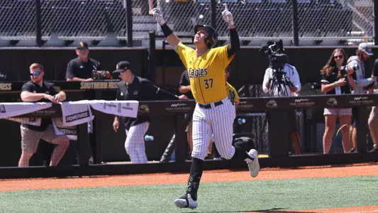 Southern Miss. outfielder Carson Paetow (37) heading home after his grand slam home run in a game between the Southern Miss Golden Eagles and Arkansas State Red Wolves. April 30, 2023 (Joe Harper/bgnphoto.com)