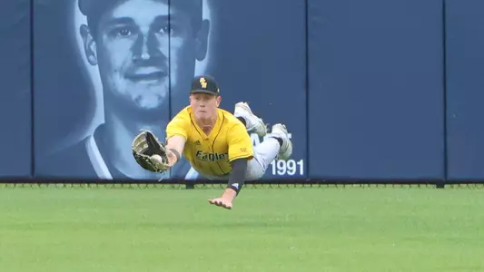 Southern Miss. outfielder Carson Paetow (37) makes a diving catch in right field in a game between the Southern Miss Golden Eagles and Old Dominion. April 8, 2023 (Joe Harper/bgnphoto.com)