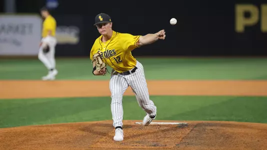 Southern Miss. pitcher Kros Sivley (12) throws a pitch in a game between the Southern Miss Golden Eagles and Tulane Green Wave. May 02, 2023 (Joe Harper/bgnphoto.com)