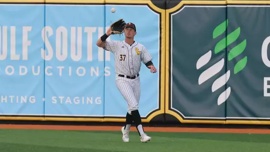 Southern Miss. outfielder Carson Paetow (37) makes a catch in right field in a game between the Southern Miss Golden Eagles and South Alabama. May 05, 2023 (Joe Harper/bgnphoto.com)