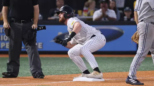 Southern Miss. outfielder Slade Wilks (7) celebrates the triple in a game between the Southern Miss Golden Eagles and South Alabama. May 05, 2023 (Joe Harper/bgnphoto.com)