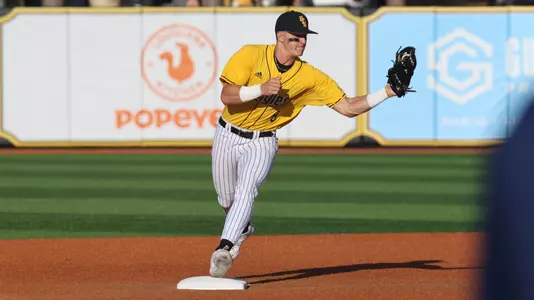 Southern Miss. pitcher/infielder Nick Monistere (8) takes the throw at second base in a game between the Southern Miss Golden Eagles and South Alabama. May 06, 2023 (Joe Harper/bgnphoto.com)