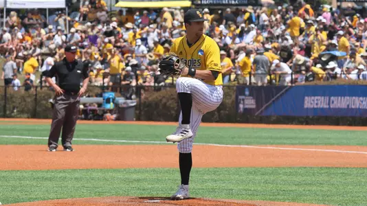 Southern Miss. pitcher Tanner Hall (28) in his windup in a game between the Southern Miss Golden Eagles and Tennessee Volunteers in the NCAA Super Regional Tournament. June 11, 2023 (Joe Harper/bgnphoto.com)
