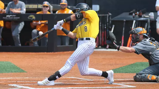 Southern Miss. infilder/pitcher Nick Monistere (8) puts the bat on the ball in a game between the Southern Miss Golden Eagles and Tennessee Volunteers in the NCAA Super Regional Tournament. June 11, 2023 (Joe Harper/bgnphoto.com)