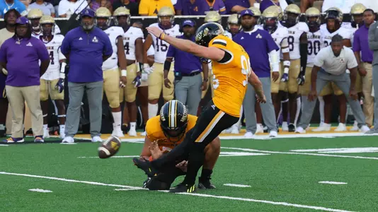 Southern Miss Golden Eagles place kicker Andrew Stein (98) kicks an extra point in a game between the Southern Miss Golden Eagles and Alcorn State Baseball in the NCAA Football Game. September 2, 2023 (Joe Harper/bgnphoto.com)