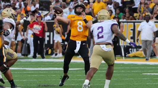 Southern Miss Golden Eagles quarterback Billy Wiles (8) throws a pass in a game between the Southern Miss Golden Eagles and Alcorn State Baseball in the NCAA Football Game. September 2, 2023 (Joe Harper/bgnphoto.com)