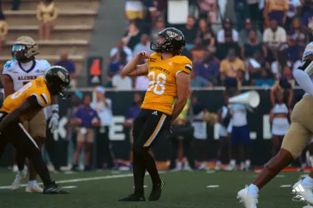 Andrew Stein (98) admires a field goal against Alcorn State