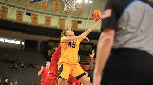 Southern Miss Lady Eagles center Melyia Grayson (45) with a reverse layup in a game between the Southern Miss Golden Eagles and the South Alabama Jaguars in a NCAA Women's Basketball game. January 11, 2024. (Joe Harper/bgnphoto.com)