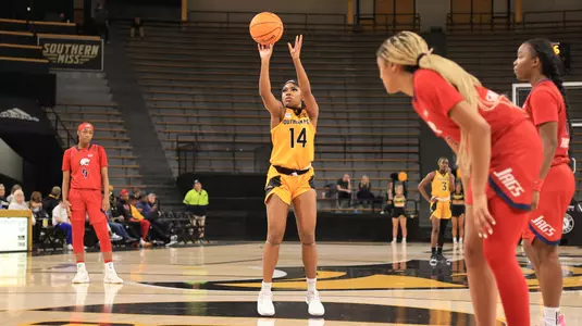 Southern Miss Lady Eagles guard Nyla Jean (14) makes two free throws in the final seconds of the game between the Southern Miss Golden Eagles and the South Alabama Jaguars in a NCAA Women's Basketball game. January 11, 2024. (Joe Harper/bgnphoto.com)