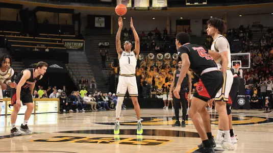 Southern Miss Golden Eagles guard Austin Crowley (1) shoots a free throw in a game between the Southern Miss Golden Eagles and the Arkansas State Red Wolves in a NCAA Men's Basketball game. January 11, 2024. (Joe Harper/bgnphoto.com)