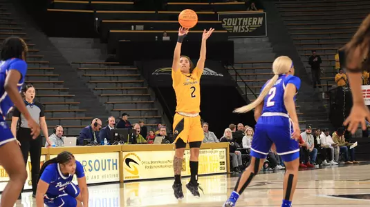 Southern Miss Lady Eagles guard Domonique Davis (2) with a three point shot in a game between the Southern Miss Golden Eagles and the Georgia State Panthers in a NCAA Women's Basketball game. January 11, 2024. (Joe Harper/bgnphoto.com)