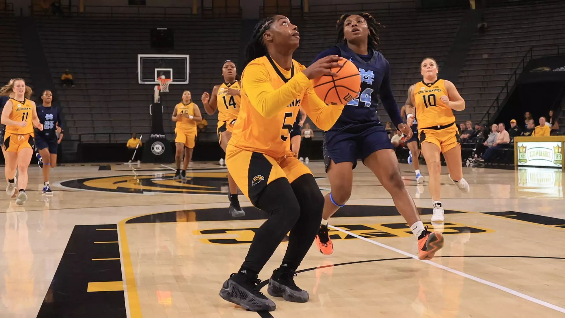 Women's basketball action in a NCAA basketball game between the Southern Miss Golden Eagles and Mississippi College Choctaws. October 30, 2024. (Joe Harper/bgnphoto.com)