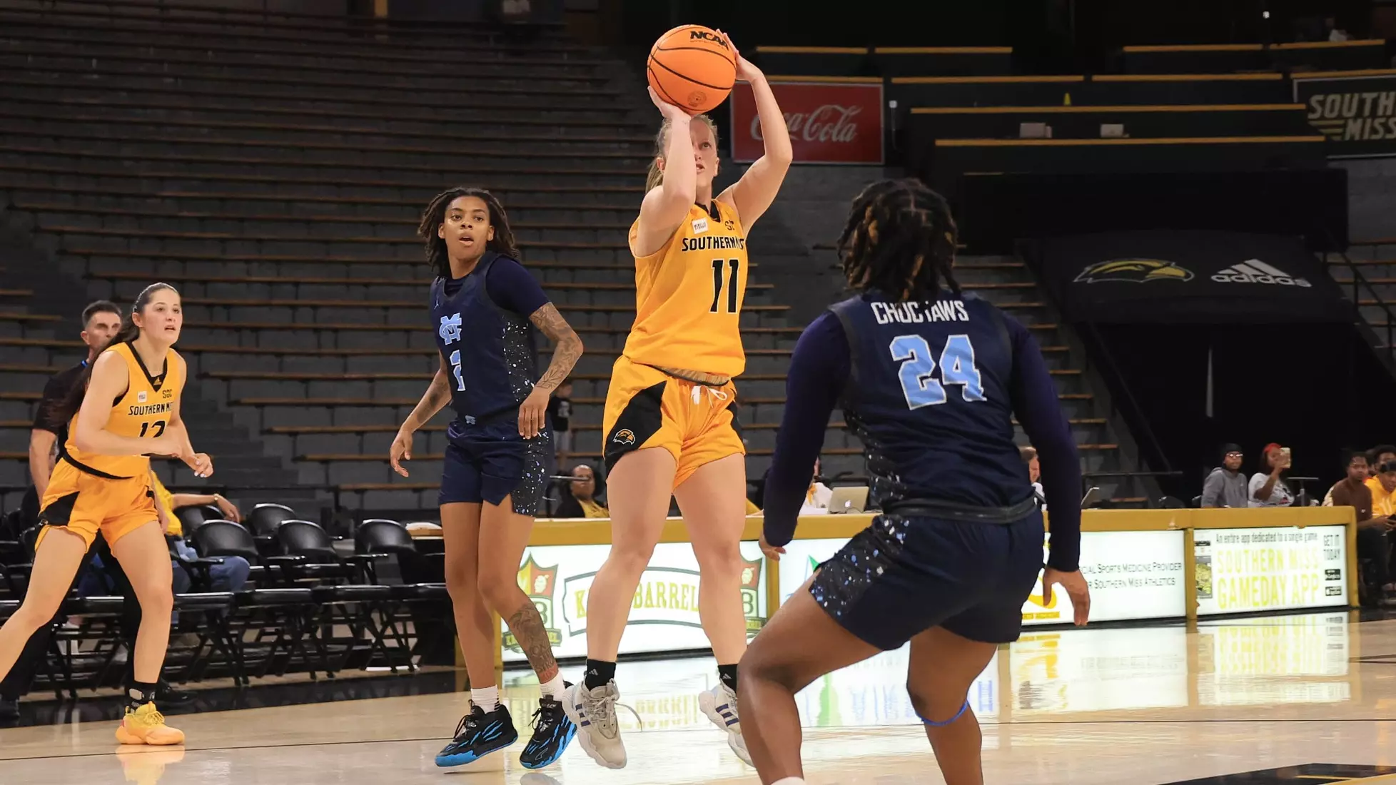 Women's basketball action in a NCAA basketball game between the Southern Miss Golden Eagles and Mississippi College Choctaws. October 30, 2024. (Joe Harper/bgnphoto.com)