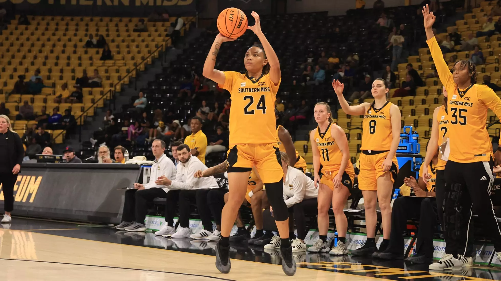 Women's basketball action in a NCAA basketball game between the Southern Miss Golden Eagles and Mississippi College Choctaws. October 30, 2024. (Joe Harper/bgnphoto.com)