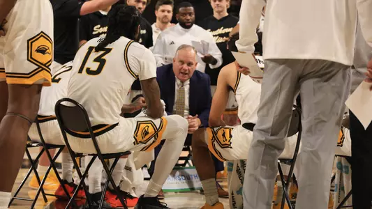 Southern Miss Golden Eagles head coach Jay Ladner talks to the team in a NCAA basketball game between the Southern Miss Golden Eagles and Bowling Green. November 04, 2024. (Joe Harper/bgnphoto.com)