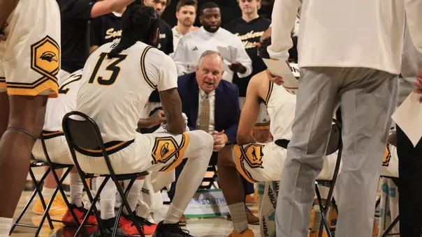 Southern Miss Golden Eagles head coach Jay Ladner talks to the team in a NCAA basketball game between the Southern Miss Golden Eagles and Bowling Green.  November 04, 2024. (Joe Harper/bgnphoto.com)