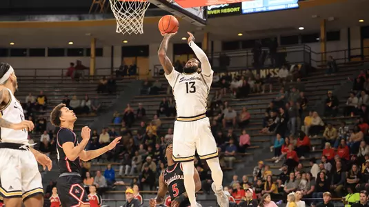 Southern Miss Golden Eagles forward Denijay Harris (13) with 2 of his 32 points In a game between the Southern Miss Golden Eagles and the William Carey Crusaders in a NCAA Men’s basketball game. December 30, 2024 (Joe Harper/bgnphoto.com)