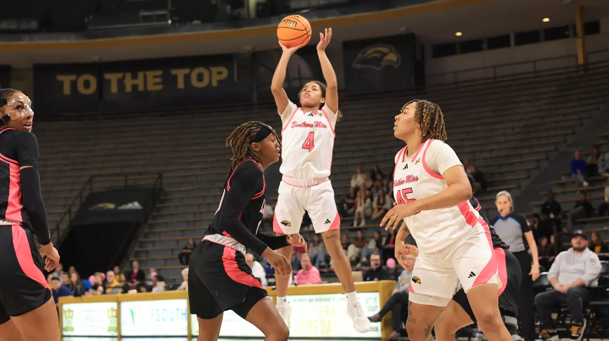 Southern Miss Lady Eagles guard Noelani Cornfield (4) takes a shot in a game between the Southern Miss Golden Eagles and the Louisiana Ragin Cajuns in a NCAA Women's Basketball game. February 01, 2024. (Joe Harper/bgnphoto.com)
