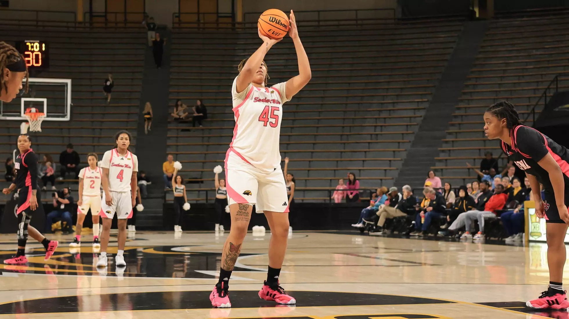 Southern Miss Lady Eagles center Melyia Grayson (45) shoot a free throw in a game between the Southern Miss Golden Eagles and the Louisiana Ragin Cajuns in a NCAA Women's Basketball game. February 01, 2024. (Joe Harper/bgnphoto.com)