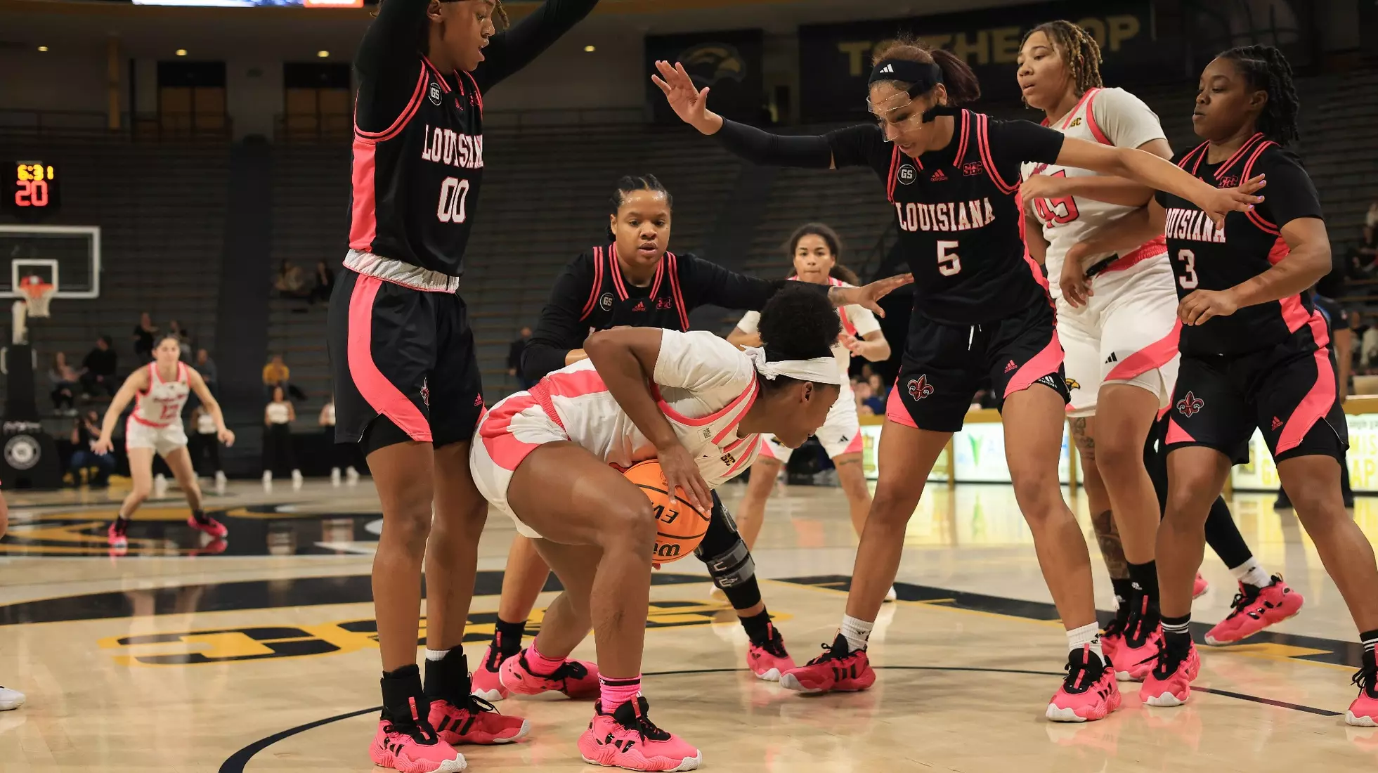 Southern Miss Lady Eagles guard Brikayla Gray (0) fights for a rebound in a game between the Southern Miss Golden Eagles and the Louisiana Ragin Cajuns in a NCAA Women's Basketball game. February 01, 2024. (Joe Harper/bgnphoto.com)