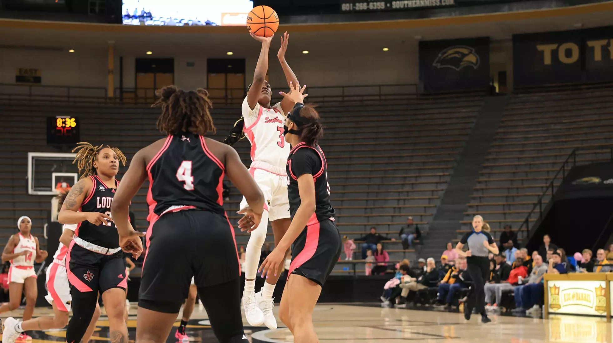 Southern Miss Lady Eagles guard Jacorriah Bracey (3) takes a shot in a game between the Southern Miss Golden Eagles and the Louisiana Ragin Cajuns in a NCAA Women's Basketball game. February 01, 2024. (Joe Harper/bgnphoto.com)