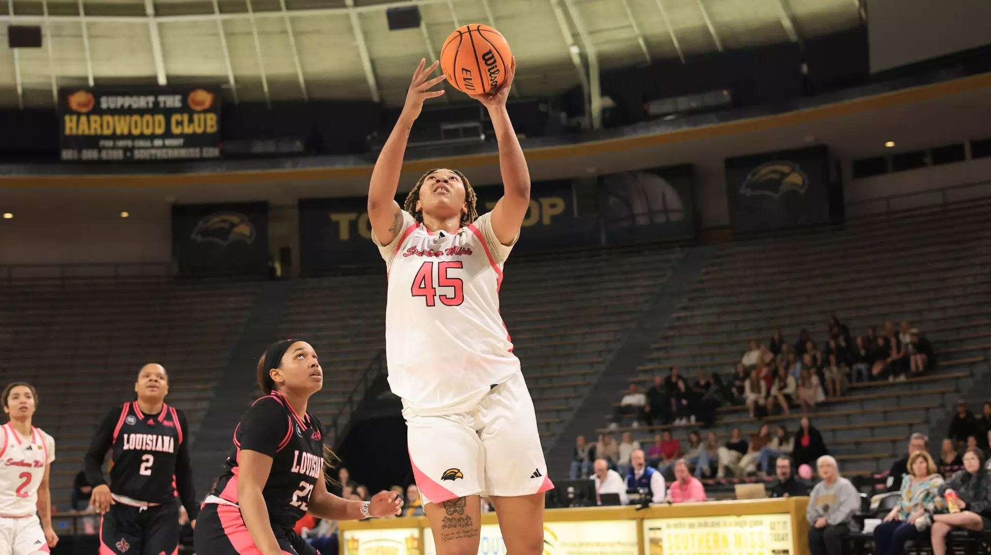 Southern Miss Lady Eagles center Melyia Grayson (45) with a layup in a game between the Southern Miss Golden Eagles and the Louisiana Ragin Cajuns in a NCAA Women's Basketball game. February 01, 2024. (Joe Harper/bgnphoto.com)
