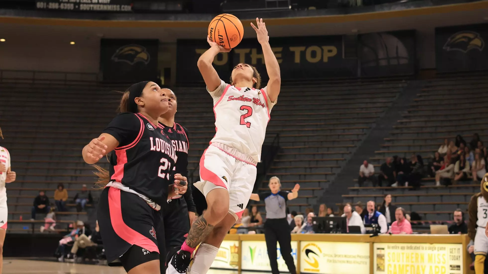 Southern Miss Lady Eagles guard Domonique Davis (2) with a shot in a game between the Southern Miss Golden Eagles and the Louisiana Ragin Cajuns in a NCAA Women's Basketball game. February 01, 2024. (Joe Harper/bgnphoto.com)