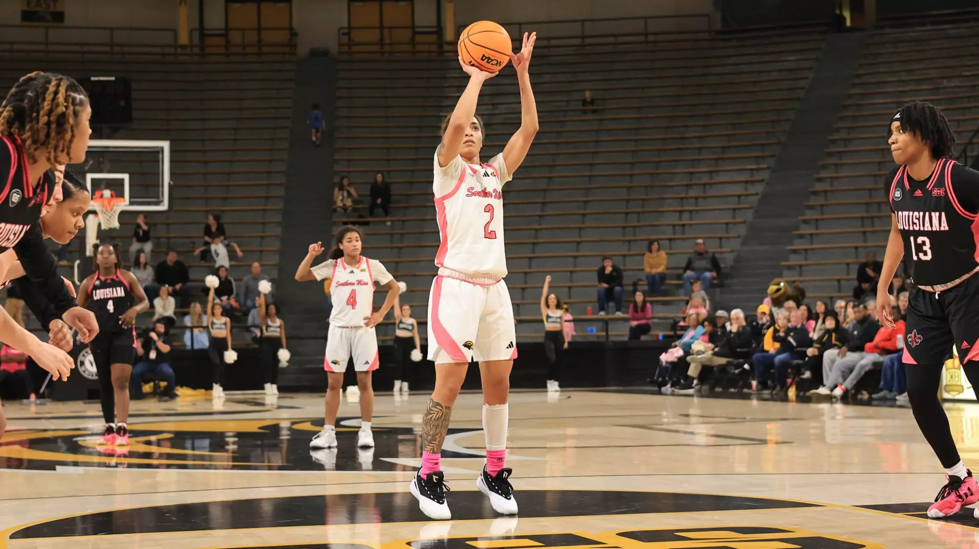 Southern Miss Lady Eagles guard Domonique Davis (2) with a free throw in a game between the Southern Miss Golden Eagles and the Louisiana Ragin Cajuns in a NCAA Women's Basketball game. February 01, 2024. (Joe Harper/bgnphoto.com)