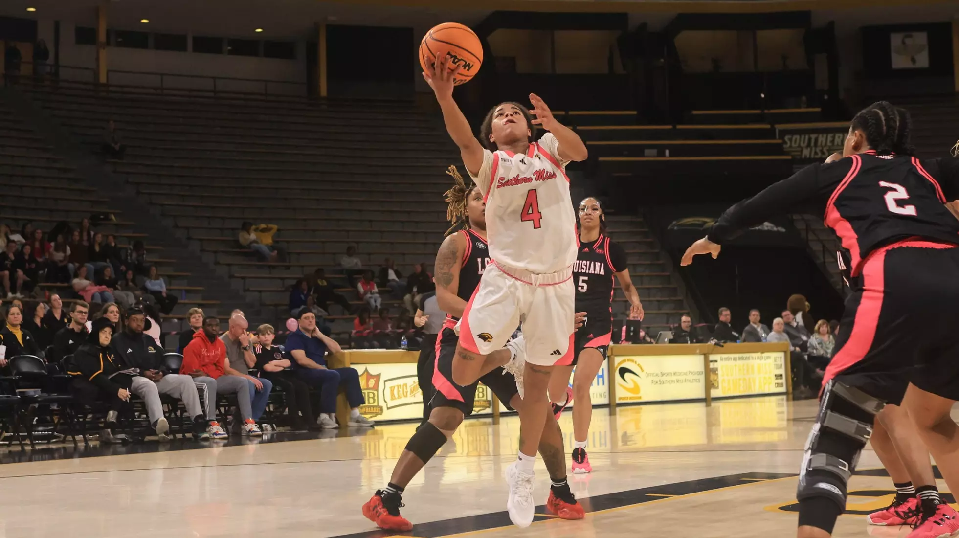 Southern Miss Lady Eagles guard Noelani Cornfield (4) with a shot in a game between the Southern Miss Golden Eagles and the Louisiana Ragin Cajuns in a NCAA Women's Basketball game. February 01, 2024. (Joe Harper/bgnphoto.com)