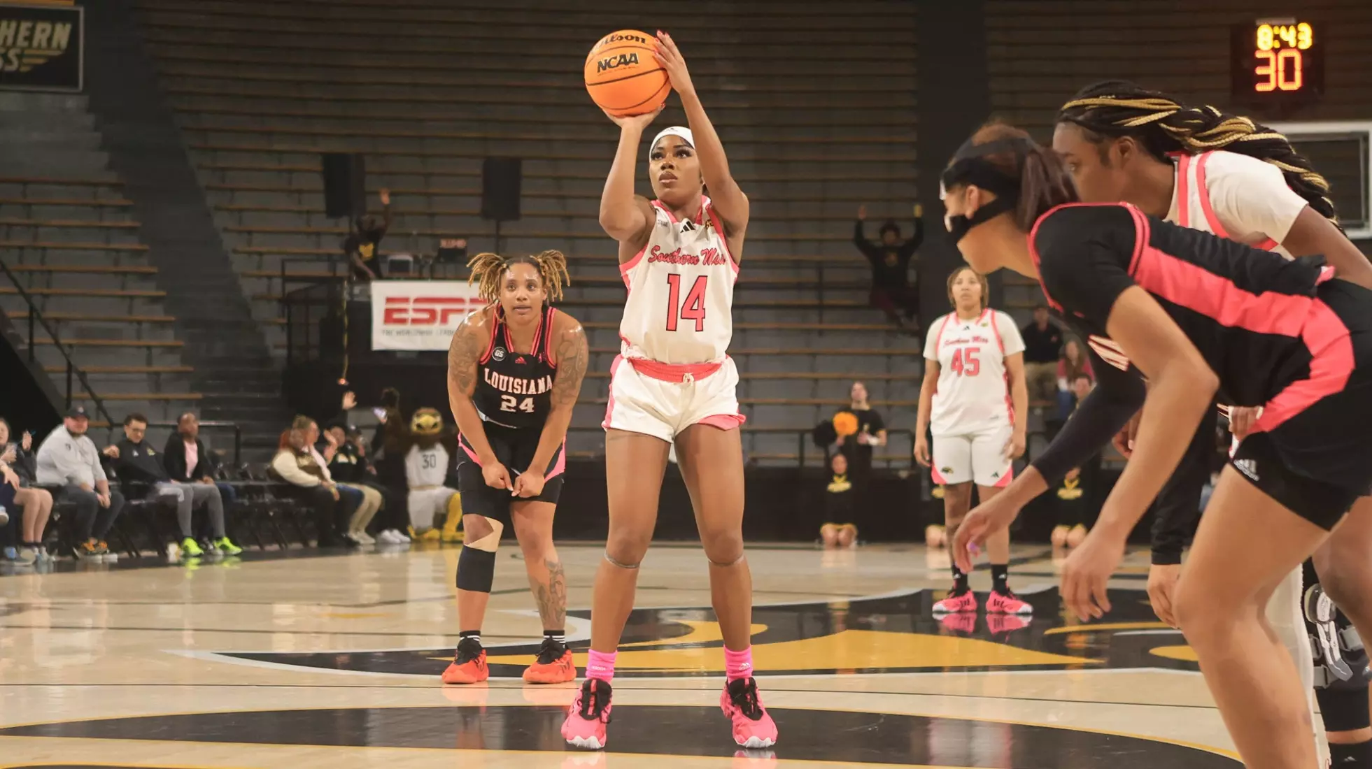 Southern Miss Lady Eagles guard Nyla Jean (14) with a free throw in a game between the Southern Miss Golden Eagles and the Louisiana Ragin Cajuns in a NCAA Women's Basketball game. February 01, 2024. (Joe Harper/bgnphoto.com)