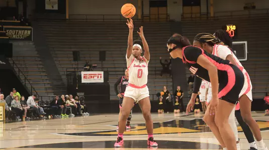 Southern Miss Lady Eagles guard Brikayla Gray (0) with a free throw in a game between the Southern Miss Golden Eagles and the Louisiana Ragin Cajuns in a NCAA Women's Basketball game. February 01, 2024. (Joe Harper/bgnphoto.com)