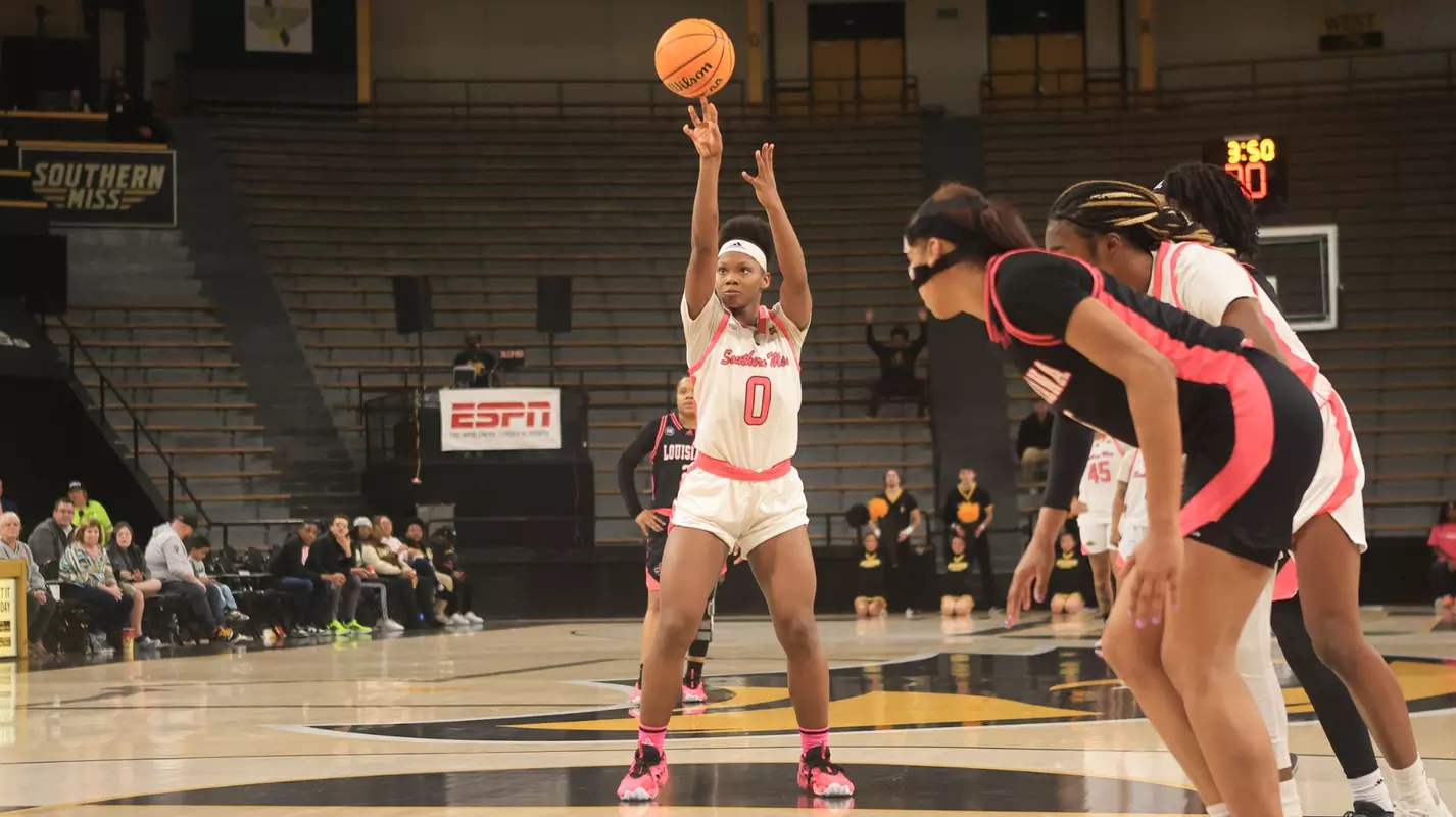 Southern Miss Lady Eagles guard Brikayla Gray (0) with a free throw in a game between the Southern Miss Golden Eagles and the Louisiana Ragin Cajuns in a NCAA Women's Basketball game. February 01, 2024. (Joe Harper/bgnphoto.com)