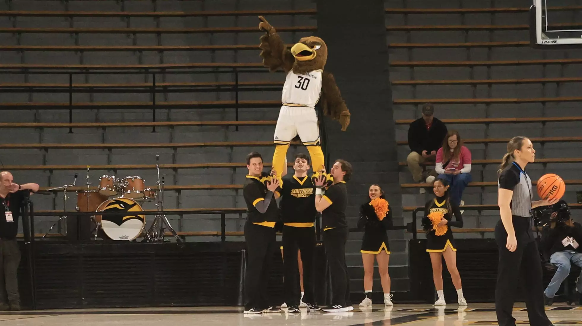 Seymour chearing on the Lady Eagles in a game between the Southern Miss Golden Eagles and the Louisiana Ragin Cajuns in a NCAA Women's Basketball game. February 01, 2024. (Joe Harper/bgnphoto.com)