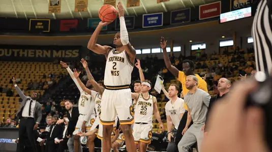 Southern Miss Golden Eagles forward Victor Hart (2) with a three point shot in a game between the Southern Miss Golden Eagles and the Western Michigan Broncos in a NCAA Men's Basketball game. February 10, 2024. (Joe Harper/bgnphoto.com)