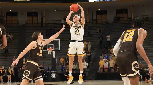 Southern Miss Golden Eagles guard Tate Ryder (55) shots a three point shot in a game between the Southern Miss Golden Eagles and the Western Michigan Broncos in a NCAA Men's Basketball game. February 10, 2024. (Joe Harper/bgnphoto.com)