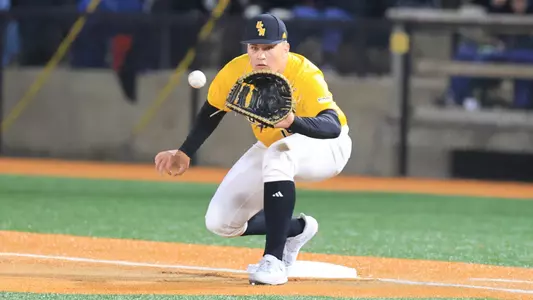 Southern Miss. infielder Matthew Russo (19) receives the ball at first base in a game between the Southern Miss Golden Eagles and the Marist Red Fox in a NCAA Baseball game. February 17, 2024. (Joe Harper/bgnphoto.com)