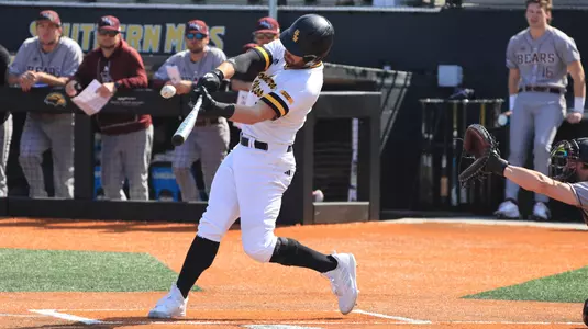 Southern Miss. outfielder Slade Wilks (7) gives the ball a ride in a game between the Southern Miss Golden Eagles and the Missouri State Bears in a NCAA Baseball game. February 24, 2024. (Joe Harper/bgnphoto.com)