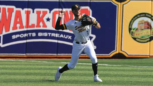 Southern Miss. infielder Seth Smith (3) throws the ball to first base in a game between the Southern Miss Golden Eagles and the Missouri State Bears in a NCAA Baseball game. February 24, 2024. (Joe Harper/bgnphoto.com)
