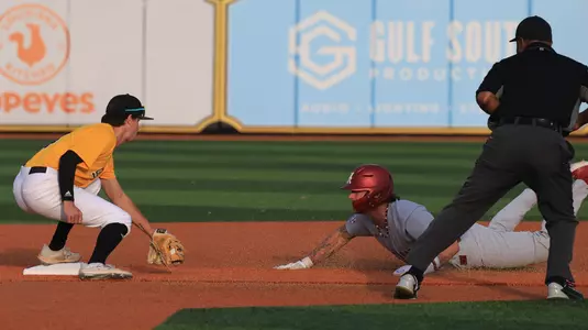 Southern Miss. infielder Ozzie Pratt (4) tags Alabama infielder Gage Miller (12) as he slides into second base to complete the double play in a game between the Southern Miss Golden Eagles and the Alabama Crimson Tide in a NCAA Baseball game. March 12 , 2024. (Joe Harper/bgnphoto.com)