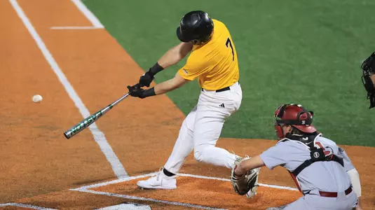 Southern Miss. outfielder Slade Wilks (7) hits a home run in a game between the Southern Miss Golden Eagles and the Alabama Crimson Tide in a NCAA Baseball game. March 12 , 2024. (Joe Harper/bgnphoto.com)