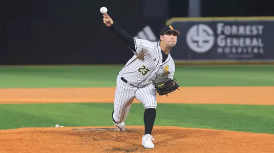 Southern Miss. pitcher Niko Mazza (23) throws a pitch in a game between the Southern Miss Golden Eagles and the Marshall Thundering Herd in a NCAA Baseball game. March 12 , 2024. (Joe Harper/bgnphoto.com)