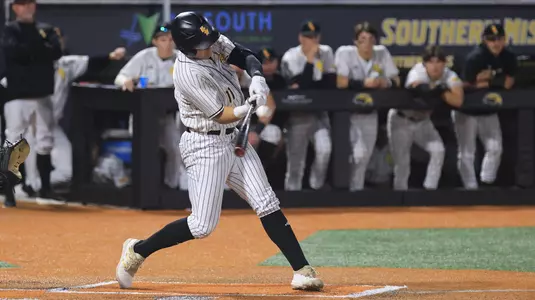 Southern Miss. infielder Davis Gillespie (11) goes yard in the 5th inning in a game between the Southern Miss Golden Eagles and the Marshall Thundering Herd in a NCAA Baseball game. March 12 , 2024. (Joe Harper/bgnphoto.com)