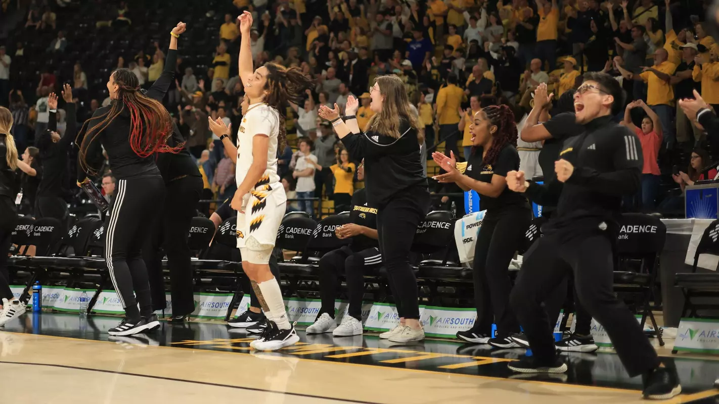 Southern Miss Lady Eagles guard Domonique Davis (2) celebrates the win in a game between the Southern Miss Golden Eagles and the Murry State Racers in a NCAA WNIT women's Basketball game. March 23 , 2024. (Joe Harper/bgnphoto.com)